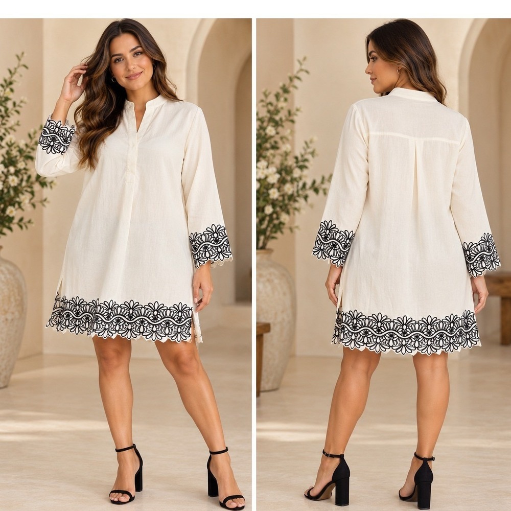 Anne Klein Linen Blend Embroidered Tunic Dress Relaxed White Black 2X Plus NEW